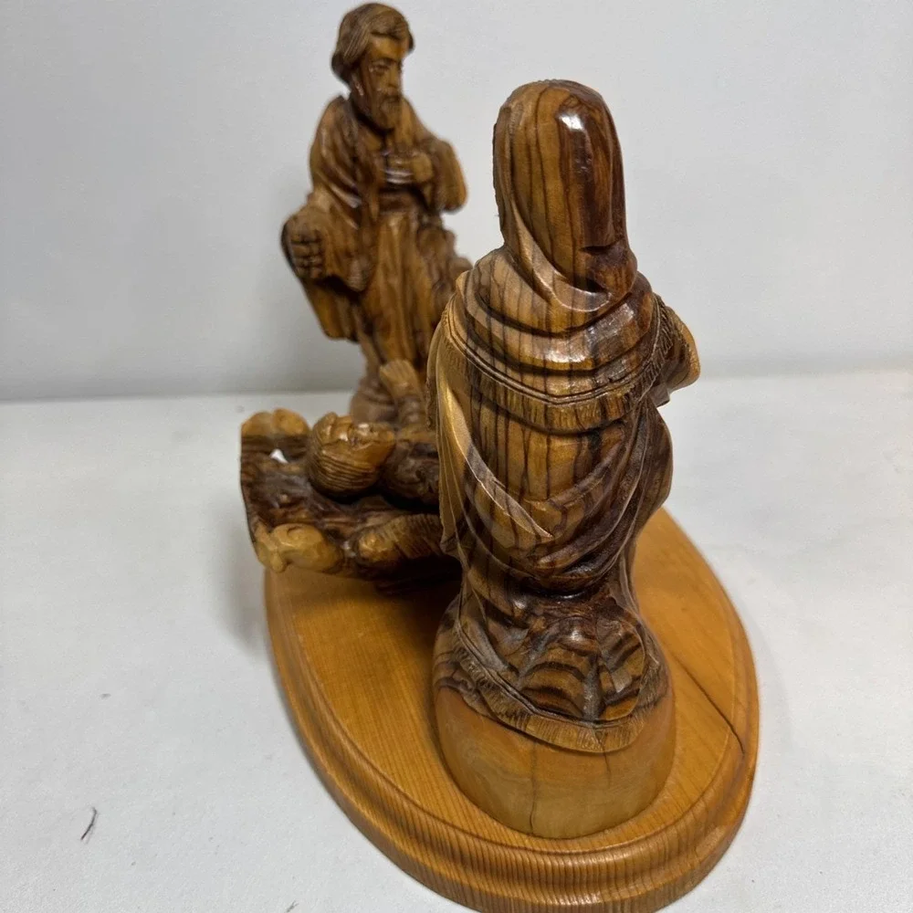 Hand Carved Olive Wood Nativity Scene Holy Family Manger Set on Wooden Base